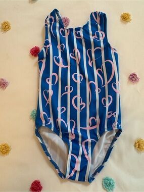 GK Blue and Pink Heart Stripe Kids Gymnastics Leotard